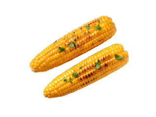 Two grilled corn cobs isolated on transparent background, garnished with herbs