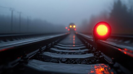 Eerie railway landscape under a shrouded sky with a signal light glowing in the dark