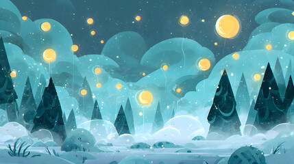 cartoon style snowy mist scene with glowing orbs floating in air creating cheerful winter aesthetic
