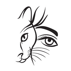 Elegant black line art combining a cat face and a human eye in one continuous design, minimalist vector illustration on transparent background for art, tattoos, and prints