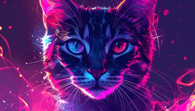 Futuristic neon cat portrait with striking heterochromia eyes, glowing in a cosmic explosion of vibrant pink and purple light - Powered by Adobe
