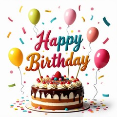 cake with 3d happy birthday text with baloons, confetti, plain background