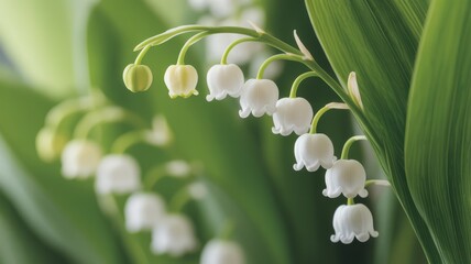 Delicate white lily of the valley flowers bloom with soft green leaves in a gentle spring garden setting