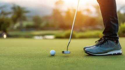 Golfer Putting on Green with Golf Ball and Putter