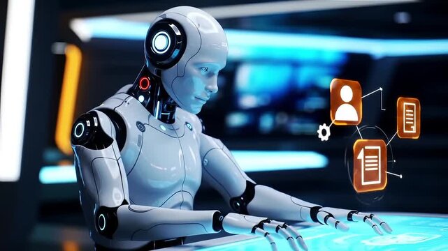 Futuristic White Humanoid AI Robot Managing Digital Data on a Glowing Holographic Interface in a Modern High-Tech Lab