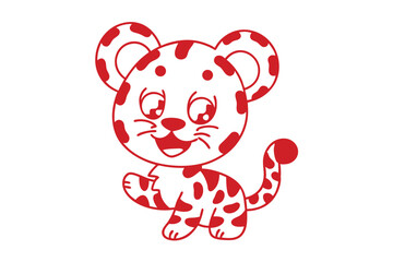 Red spotted feline cartoon character happily moves forward against a simple white backdrop