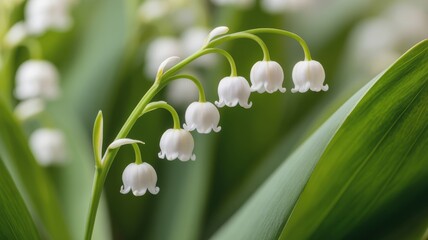 Delicate white lily of the valley flowers bloom on a green stalk with soft focus background