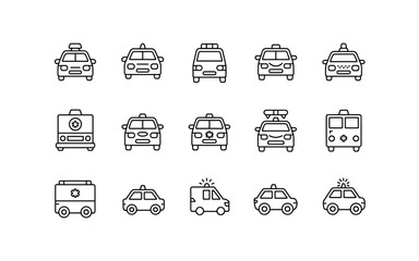 Emergency Vehicles Icon Set: Police Cars, Ambulances, and Taxis - Vector Line Art for Medical, Transportation, and Safety Designs