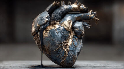 Abstract sculpture of a human heart with dark material seeping from within.