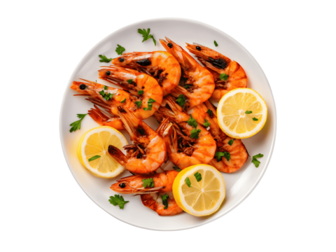 Grilled shrimp with lemon and parsley isolated on transparent background