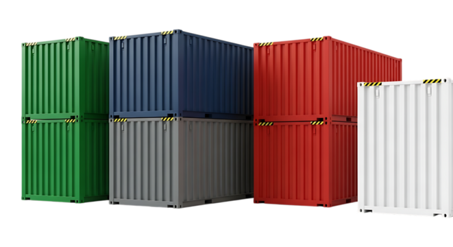 Stack of colorful shipping containers isolated on transparent background