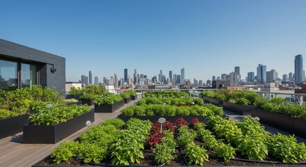 Fototapeta premium A vibrant rooftop garden flourishes atop a modern city building, offering a sustainable green space with a stunning urban skyline view under a clear blue sky.