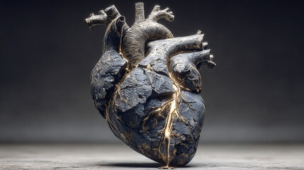 Abstract sculpture of a human heart with dark material seeping from within.