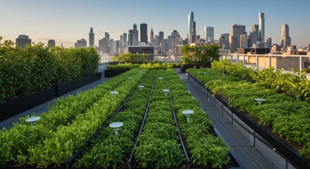 Lush green rooftop garden thrives above a vibrant metropolitan skyline, showcasing sustainable urban agriculture and eco-friendly city living solutions.