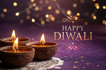 Elegant Diwali Diyas with Warm Glow on Purple Background

