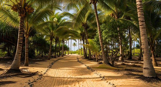Tropical beach path with palm trees. (1) - Powered by Adobe