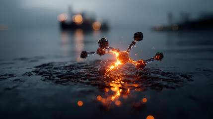 A single, complex, glowing molecule emerges from a dark, primordial aqueous solution, symbolizing the spark of life.