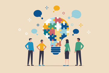 Diverse team collaborating on a bright idea represented by a puzzle lightbulb with speech bubbles