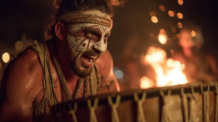 Man with Face Paint Drumming by Firelight