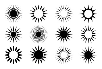 Collection of Stylized Sun Icons with Varying Rays and Designs