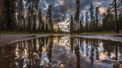 Obraz premium mirror. A serene forest scene reflected perfectly in still water, illuminated by golden sunlight filtering through trees. travel magazines.