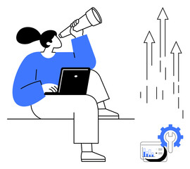 Obraz na płótnie Canvas Person with a laptop looking through a telescope, arrows symbolizing growth, analytics chart with settings icon. Ideal for business strategy, future planning, analytics, innovation, market research