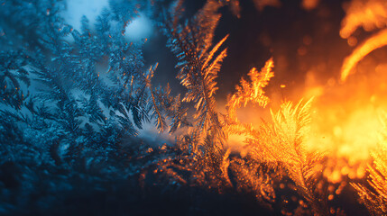 abstract crystallized ice fractals in luminous blue blending with molten orange glow cold versus warmth