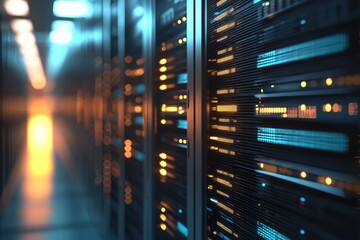 Glowing orange and blue server racks in futuristic data center corridor symbolizing cloud computing, digital storage, and IT infrastructure, perfect for illustrating technology solutions