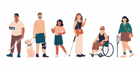 Diverse group of people with disabilities and a service dog standing together