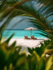 Tropical Beach Chairs Under Umbrella by Ocean