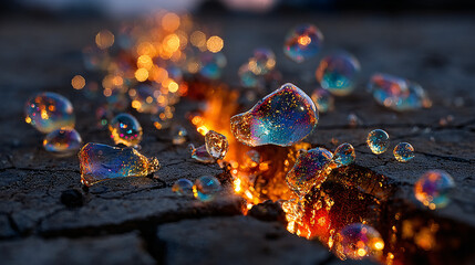 Ancient frozen soil cracks open with ethereal, glowing CO2 bubbles escaping into the atmosphere.