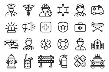 A collection of black and white icons for various professions and services. The icons include a police officer, a firefighter, a doctor. vector. Editable stroke.