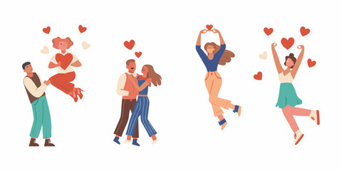 Joyful couples and individuals celebrating love and happiness with hearts floating around them