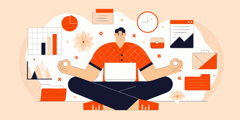 Man meditating with laptop and business analytics graphics in a calm workspace