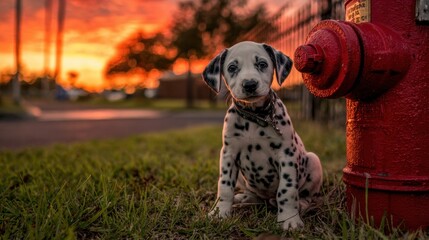 Dalmatian Puppy Sitting Near Red Fire Hydrant