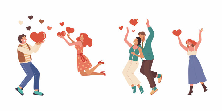 Diverse group of happy people celebrating and sharing love with hearts on white background