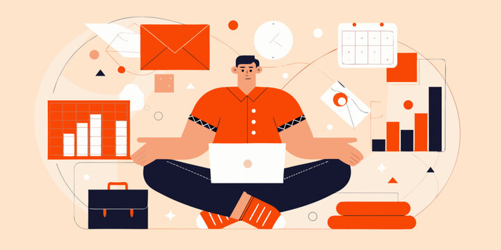Man meditating with laptop surrounded by business icons symbolizing productivity and organization