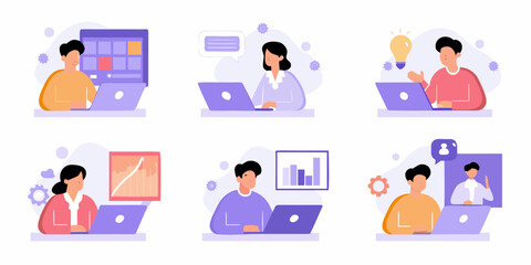 Diverse professionals collaborating and working on laptops in a modern office setting with various business concepts