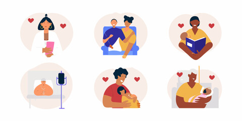 Diverse families and healthcare professionals showing love and care in various heartwarming scenes