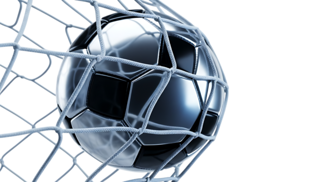 Soccer ball in net isolated on transparent background