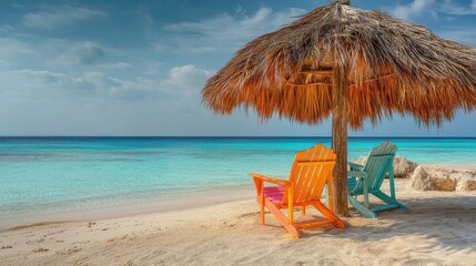 Tropical Beach Relaxation with Umbrella and Chairs