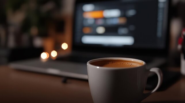 Coffee break at desk during work session with laptop in a cozy dimmed environment