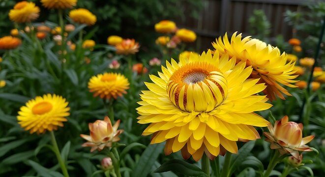 Yellow Strawflowers in Garden Bloom.