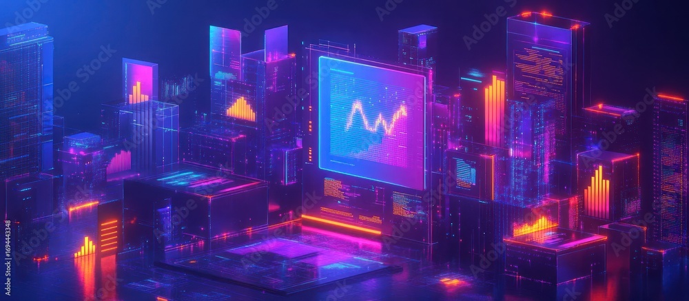 Poster neon cityscape with glowing data graphs.