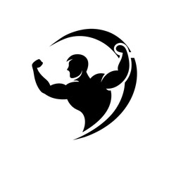 Creative fitness logo with muscular arm holding dumbbell strength gym training