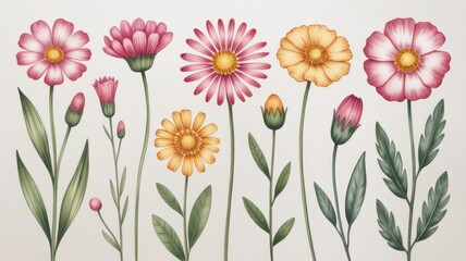 Vibrant watercolor illustrations of delicate wildflowers in various shades of pink and yellow