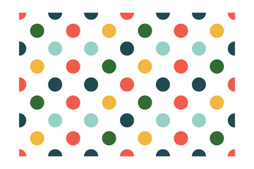 Colorful Polka Dot Pattern on White Background: Playful, Retro Style for Fabrics, Wallpapers, and Graphic Designs, Featuring Teal, Green, Yellow, Red, and Navy Dots