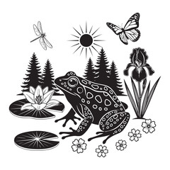 Decorative Frog with Nature Elements Pond Life Silhouette Scene
