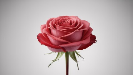 A single perfectly formed coral pink rose in full bloom against a soft gray background