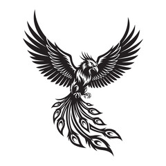 Flying Phoenix Bird with Elegant Tail Feathers Mythical Silhouette Design